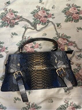 Blue Snake-Embossed Top-Handle Crossbody Bag